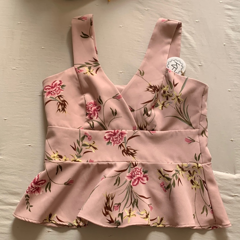 Pink Floral V-neck blouse.